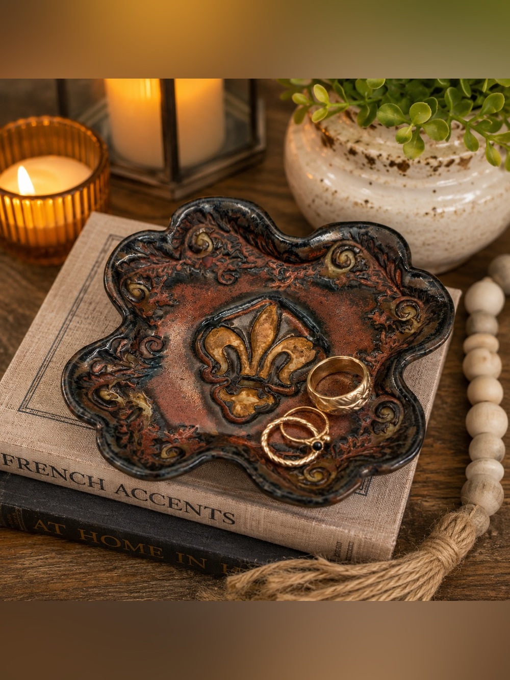Signed Studio Art Pottery Fleur De Lis Trinket Dish Tray Handmade 6"
